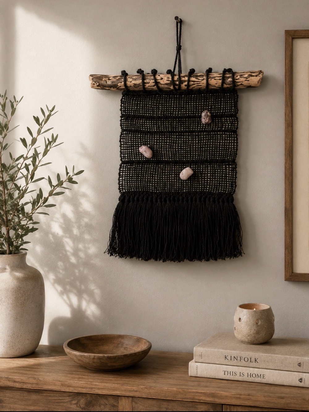 Hand Made Black Linen Woven Wall Hanging with Pink Opal